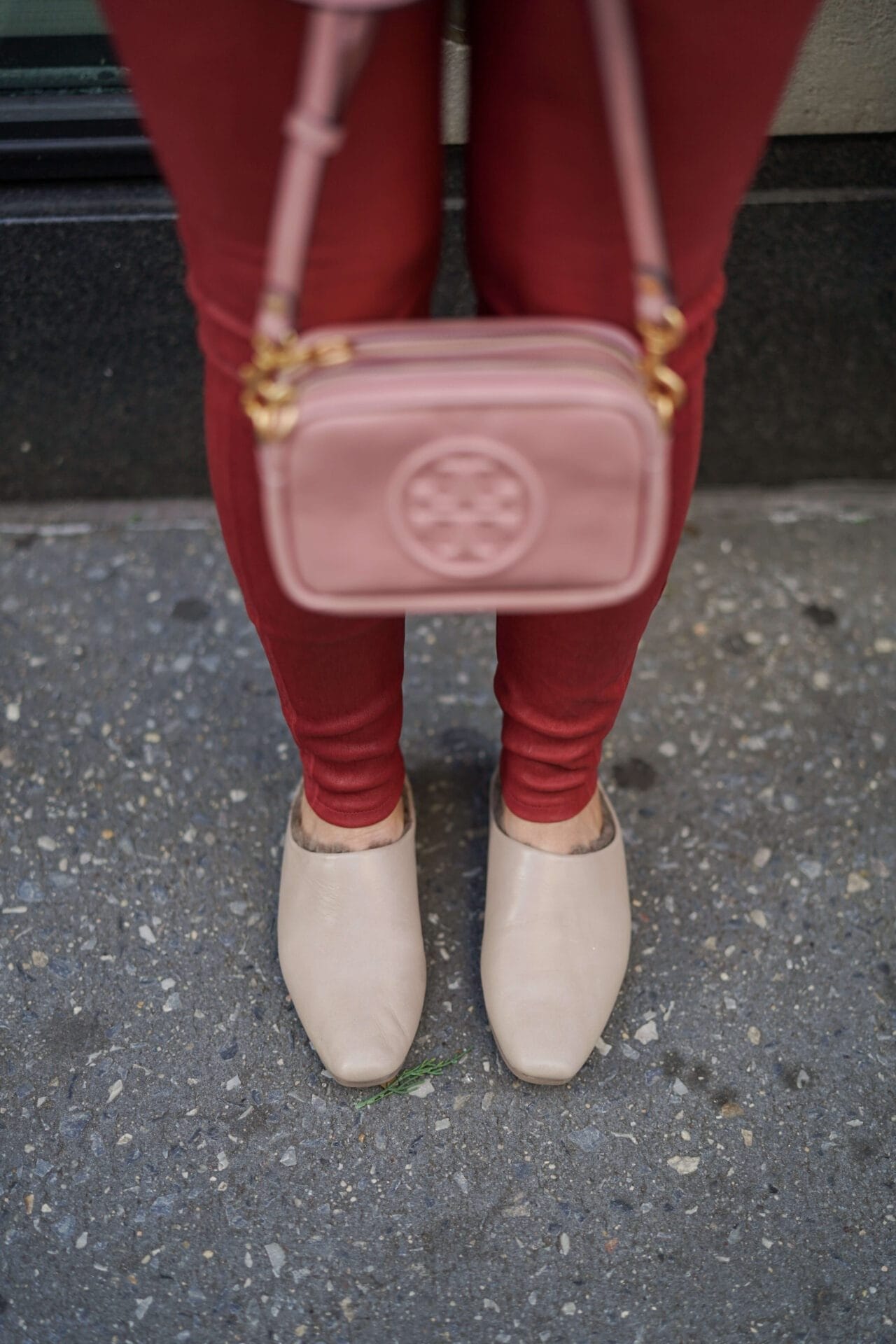 Green Sequin Body Suit Red Frame Leather Pants Tory Burch Bag Coclico Slides Outfit by Modnitsa Styling