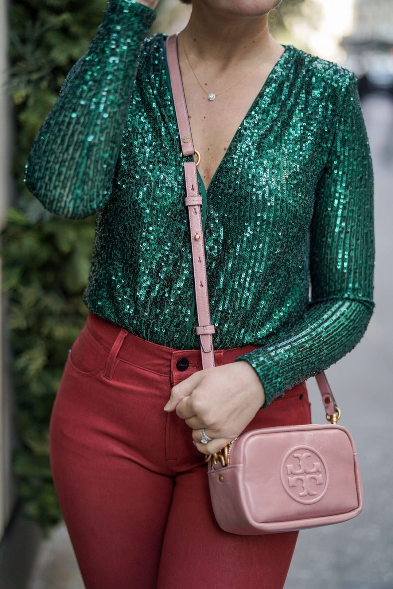 Green Sequin Body Suit Red Frame Leather Pants Tory Burch Bag Coclico Slides Outfit by Modnitsa Styling