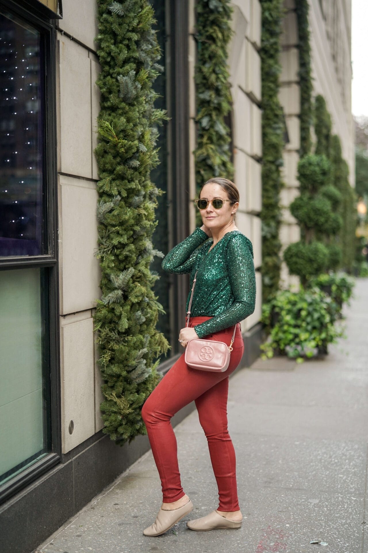 Green Sequin Body Suit Red Frame Leather Pants Tory Burch Bag Coclico Slides Outfit by Modnitsa Styling