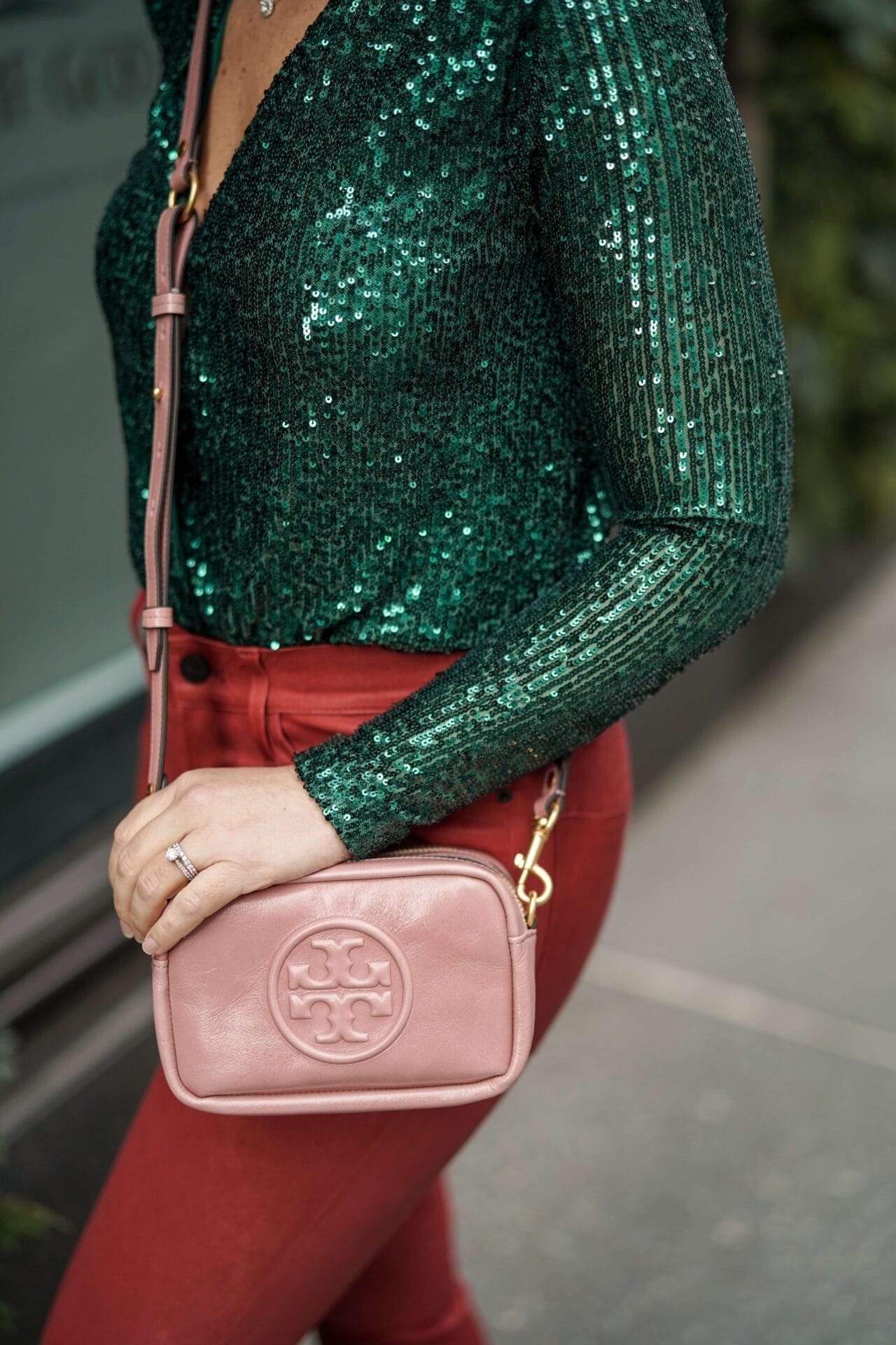 Green Sequin Body Suit Red Frame Leather Pants Tory Burch Bag Coclico Slides Outfit by Modnitsa Styling