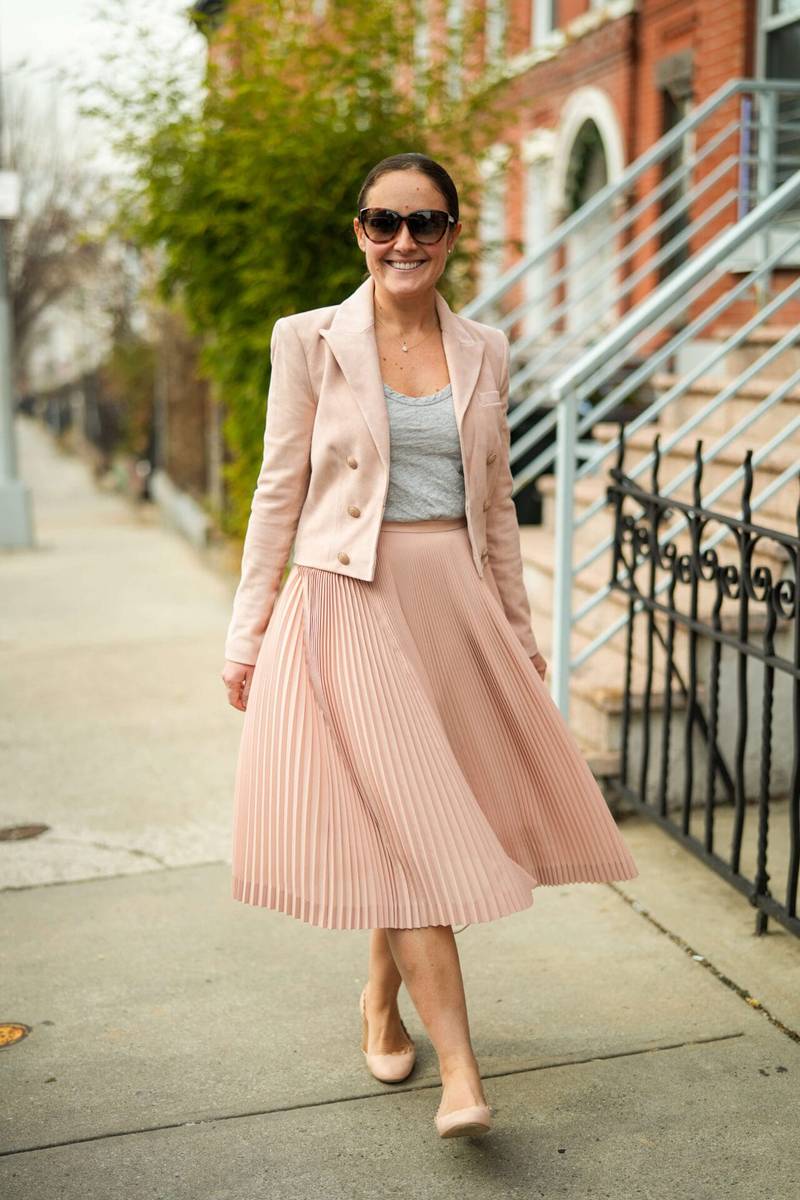 L'Agence Jacket JCrew Skirt Rag & Bone Tee Chloe Flats Polene Bag Outfit by Modnitsa Styling