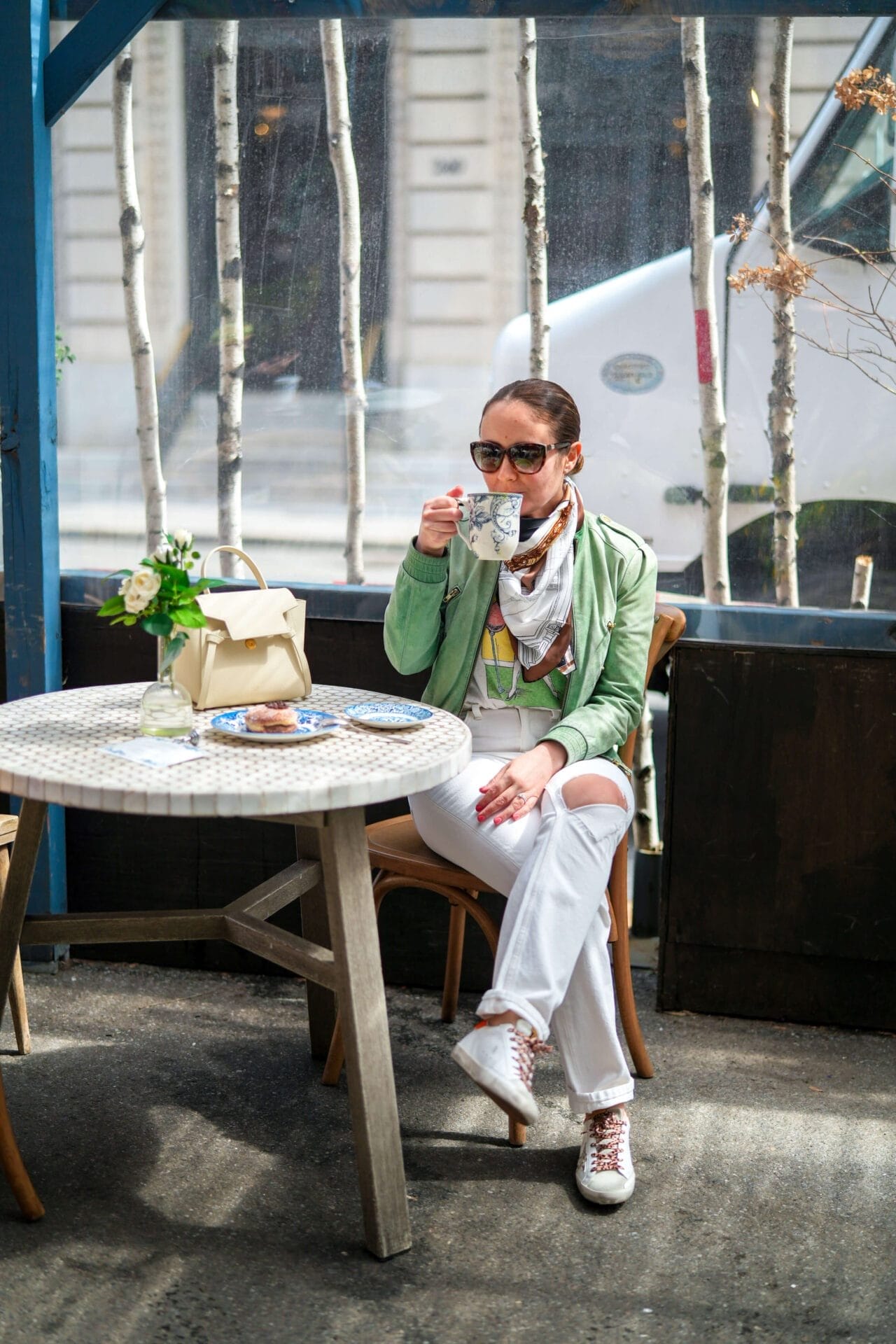 Alice & Olivia Leather Jacket ReDone Jeans and Tee Golden Goose Sneakers Celine Bag Outfit by Modnitsa Styling