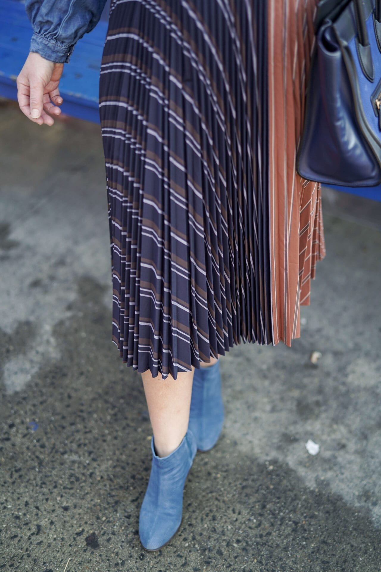 Anthropologie Pleated Skirt Veronica Beard Denim Shirt Coclico Booties Celine Luggage Bag Outfit by Modnitsa Styling