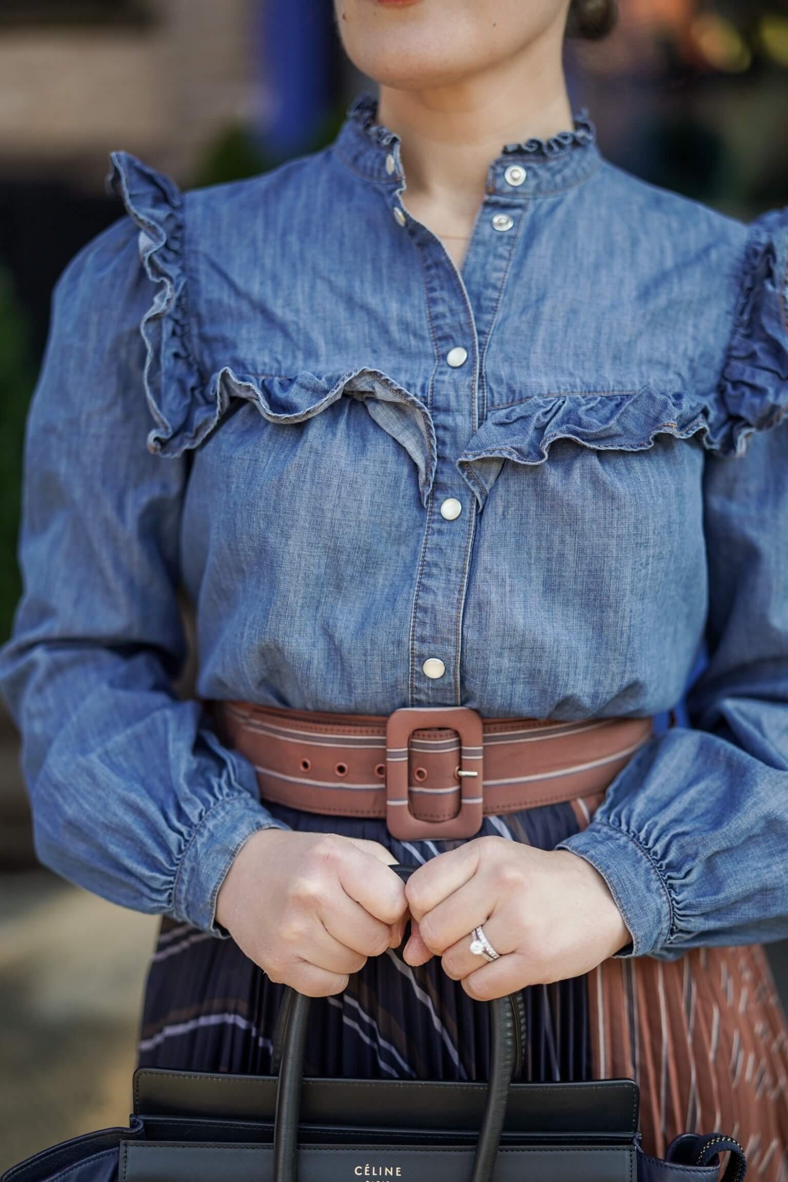 Anthropologie Pleated Skirt Veronica Beard Denim Shirt Coclico Booties Celine Luggage Bag Outfit by Modnitsa Styling