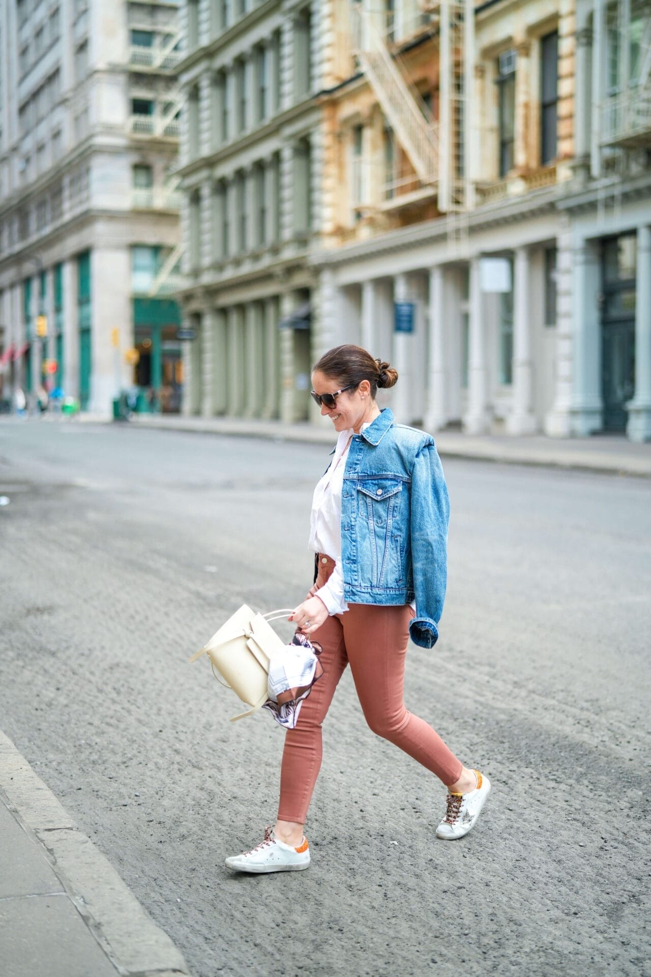 Phllip Lim White Button Down Grlfrnd Denim Jacket Henri Bendel Scarf Golden Goose Sneakers Celine Bag Outfit by Modnitsa Styling