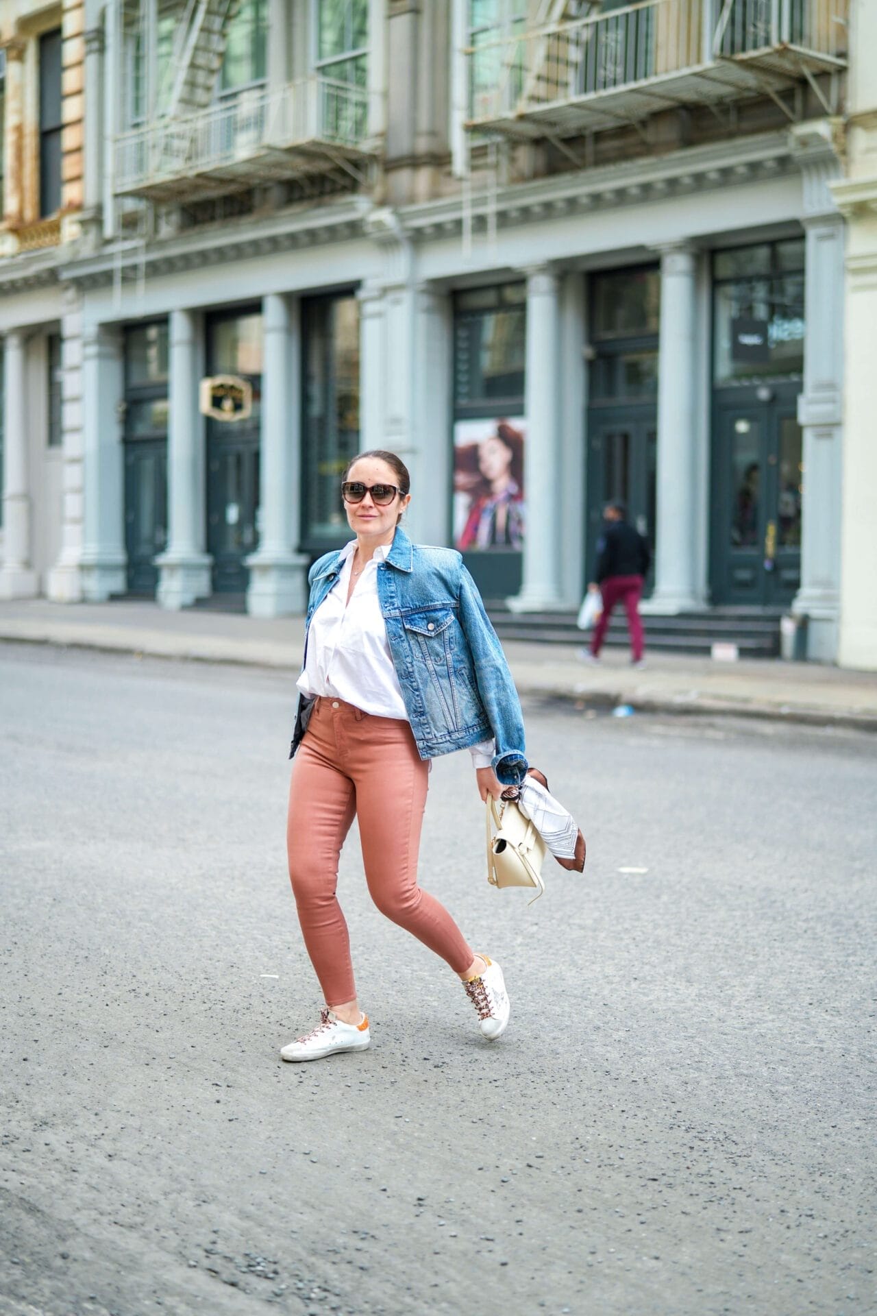 Phllip Lim White Button Down Grlfrnd Denim Jacket Henri Bendel Scarf Golden Goose Sneakers Celine Bag Outfit by Modnitsa Styling