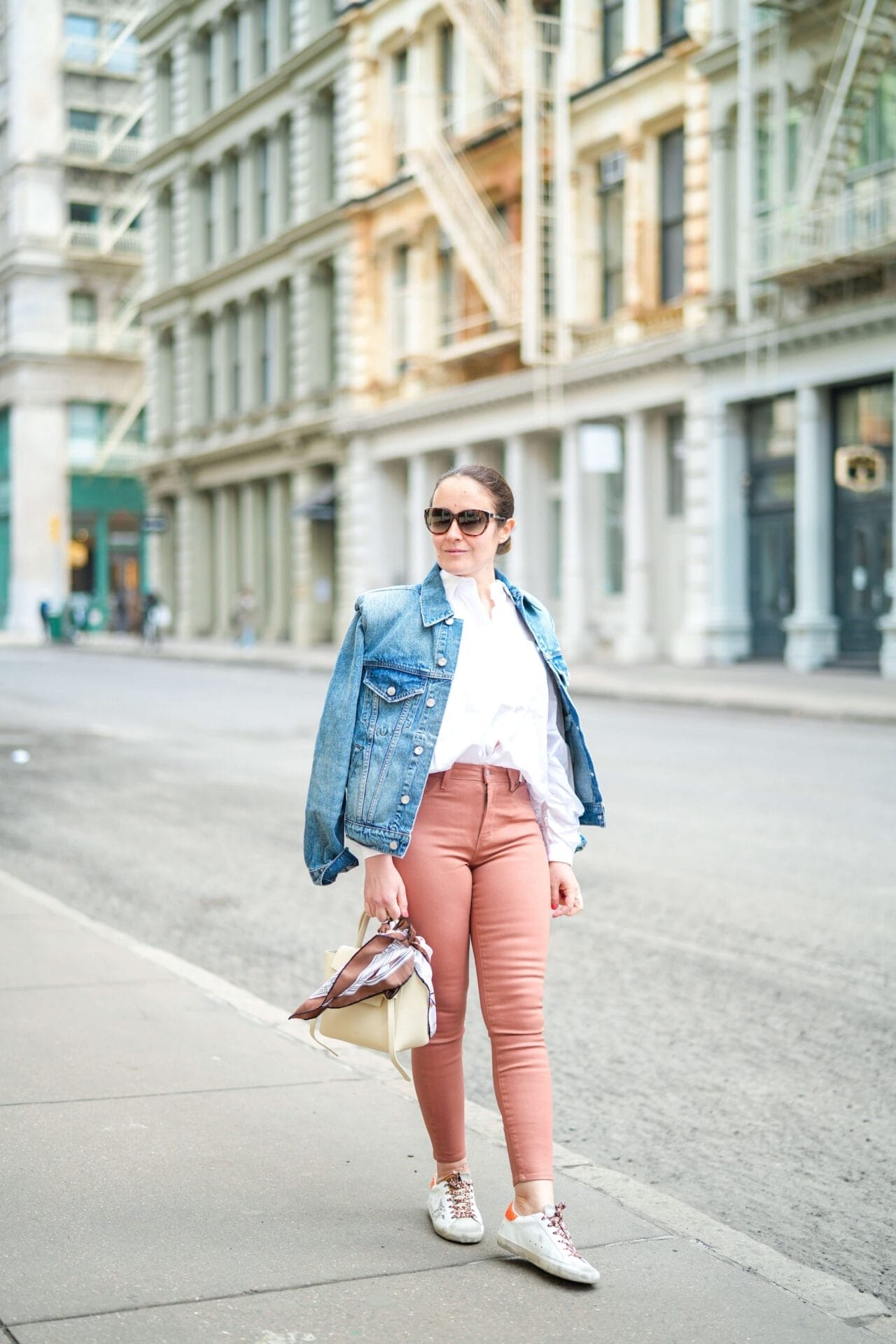 Phllip Lim White Button Down Grlfrnd Denim Jacket Henri Bendel Scarf Golden Goose Sneakers Celine Bag Outfit by Modnitsa Styling