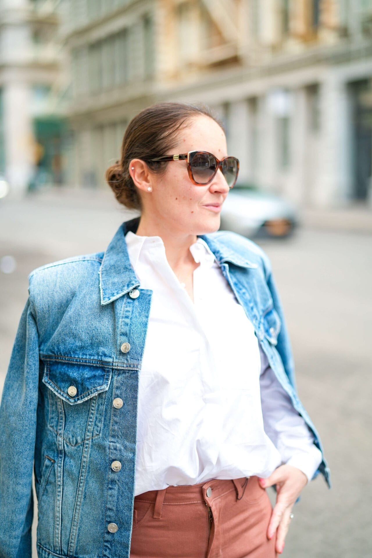 Phllip Lim White Button Down Grlfrnd Denim Jacket Henri Bendel Scarf Golden Goose Sneakers Celine Bag Outfit by Modnitsa Styling