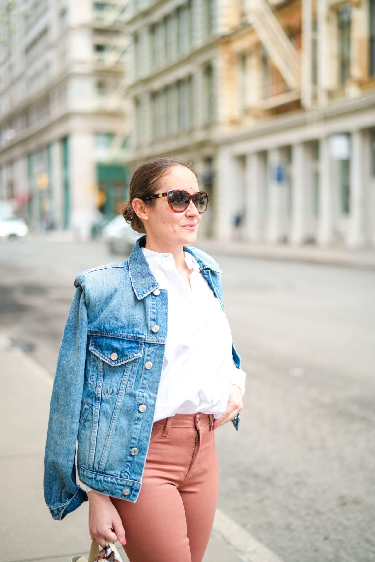 Phllip Lim White Button Down Grlfrnd Denim Jacket Henri Bendel Scarf Golden Goose Sneakers Celine Bag Outfit by Modnitsa Styling