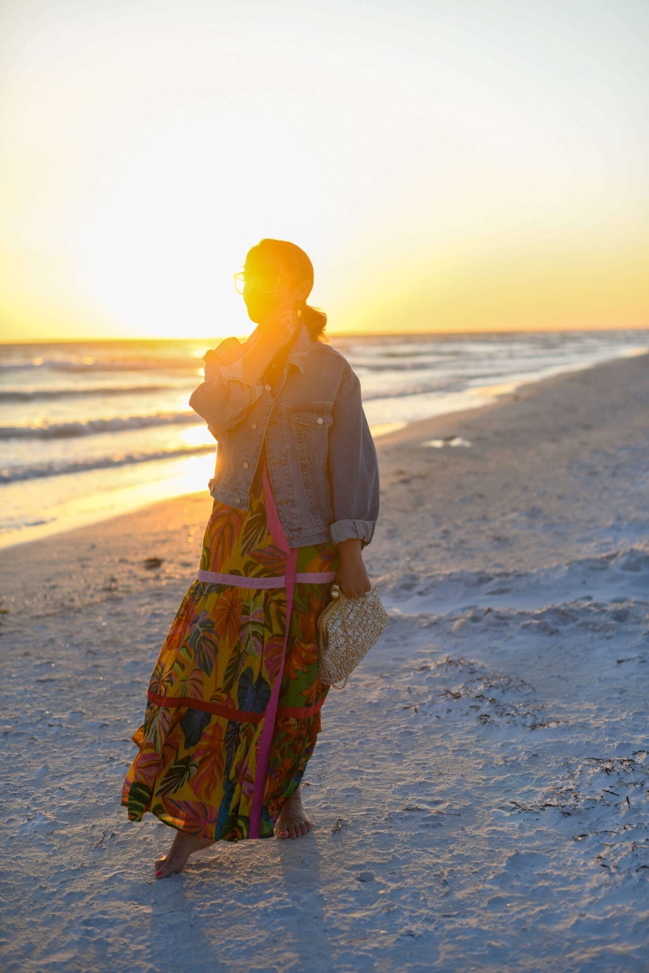 Farm Rio Dress Agolde Denim Jacket Caterina Bertini Bag Karen Walker Sunnies Outfit by Modnitsa Styling