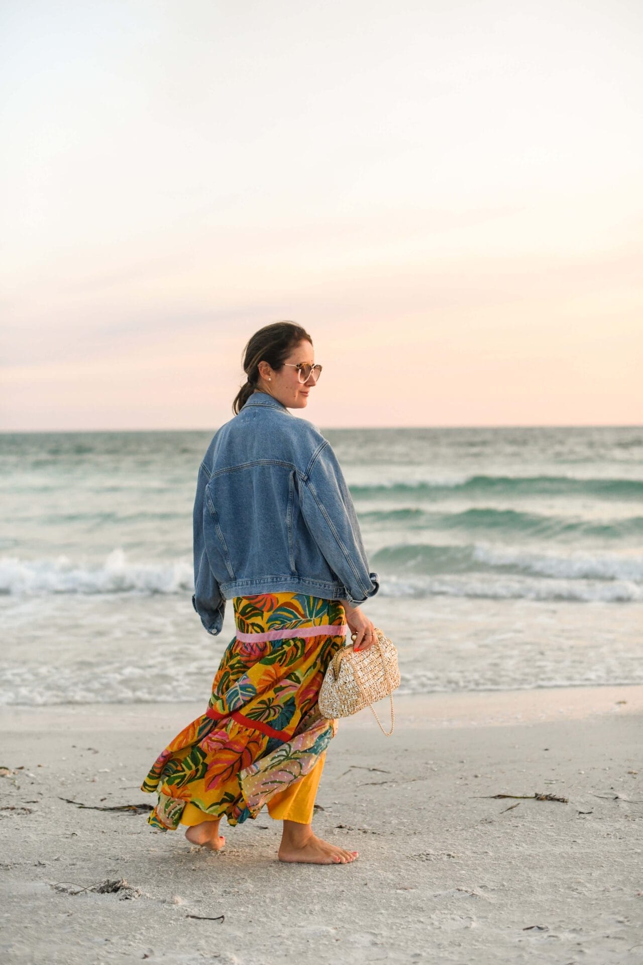 Farm Rio Dress Agolde Denim Jacket Caterina Bertini Bag Karen Walker Sunnies Outfit by Modnitsa Styling