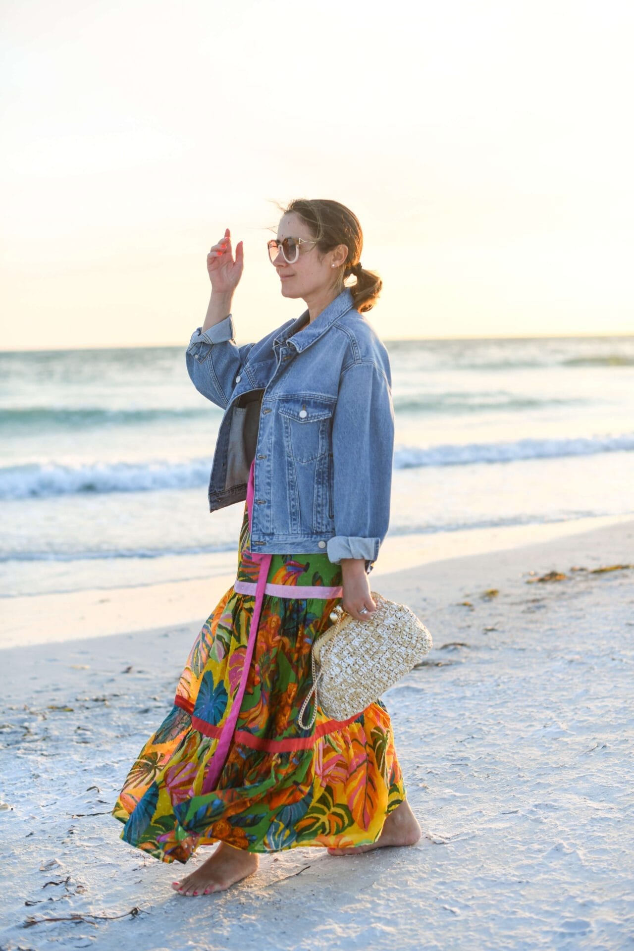 Farm Rio Dress Agolde Denim Jacket Caterina Bertini Bag Karen Walker Sunnies Outfit by Modnitsa Styling