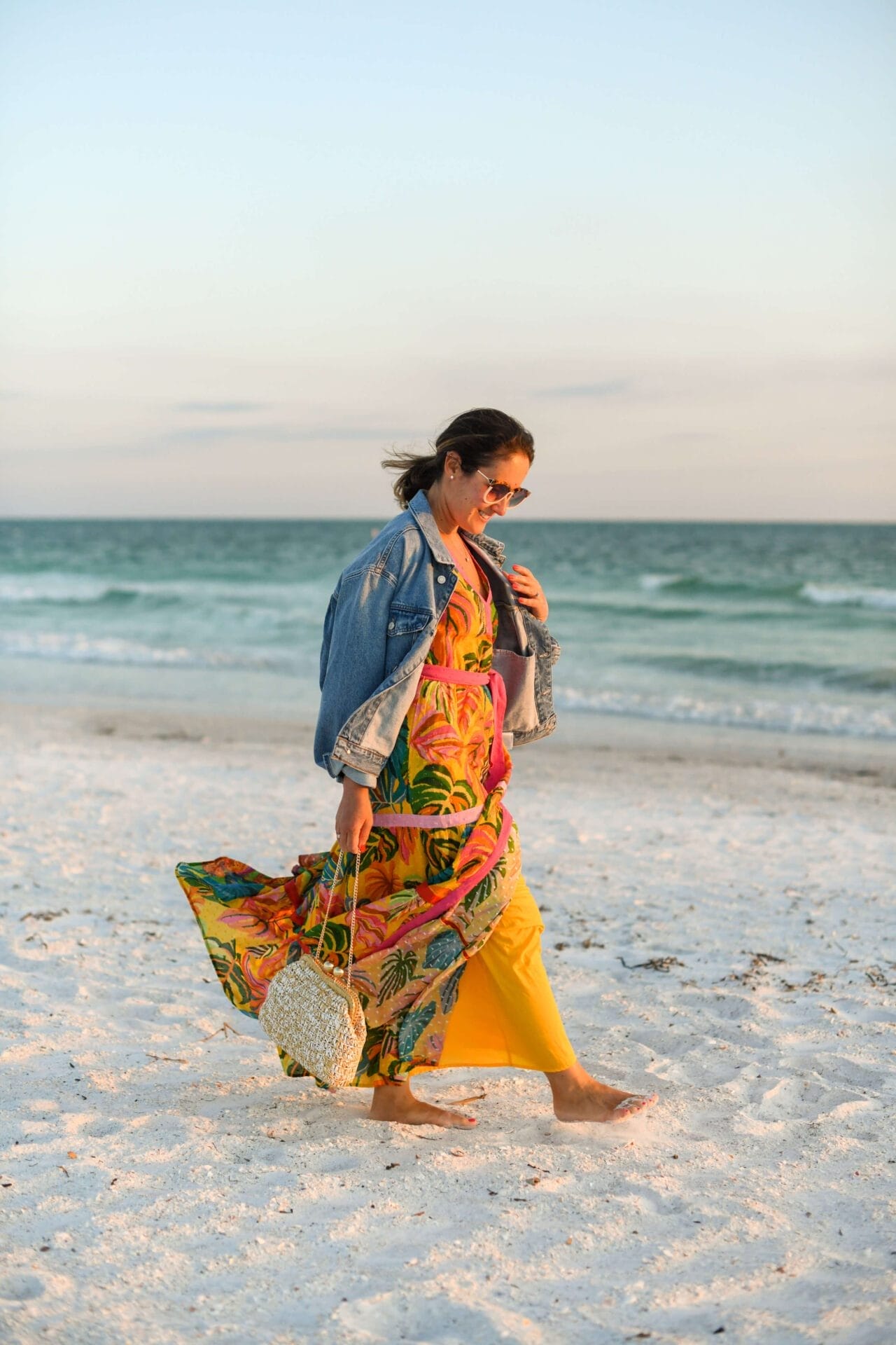 Farm Rio Dress Agolde Denim Jacket Caterina Bertini Bag Karen Walker Sunnies Outfit by Modnitsa Styling