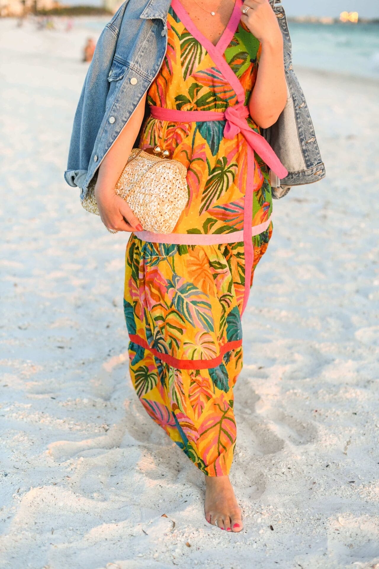 Farm Rio Dress Agolde Denim Jacket Caterina Bertini Bag Karen Walker Sunnies Outfit by Modnitsa Styling