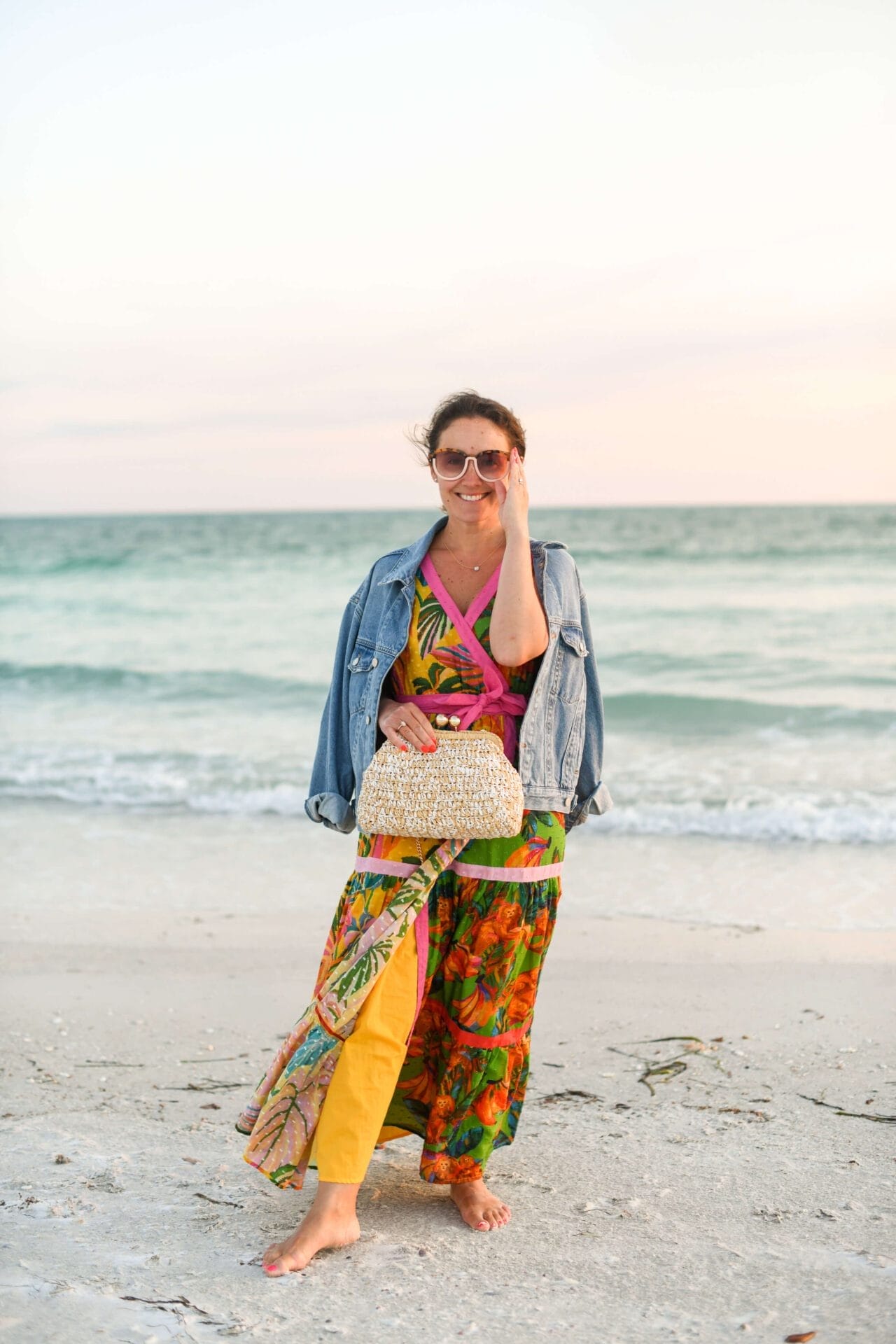 Farm Rio Dress Agolde Denim Jacket Caterina Bertini Bag Karen Walker Sunnies Outfit by Modnitsa Styling