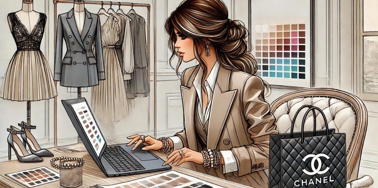 A woman sitting at a desk works on a laptop in a fashion studio. She is surrounded by clothing, including dresses, a blazer, and a rack of fabric swatches. A Chanel shopping bag is on a nearby chair. The workspace appears organized and stylish.