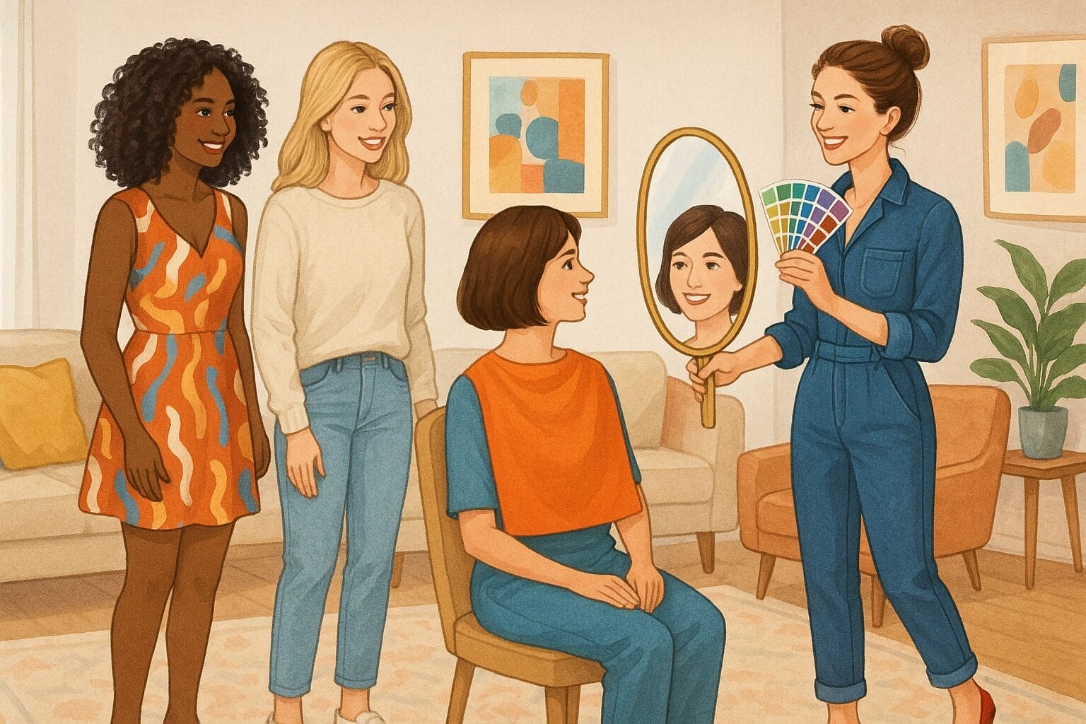 A stylist in a blue jumpsuit holds a mirror and color swatches for a seated woman, demonstrating personal styling services. Two other women stand nearby, smiling, in a cozy, well-lit living room with framed art and plants.