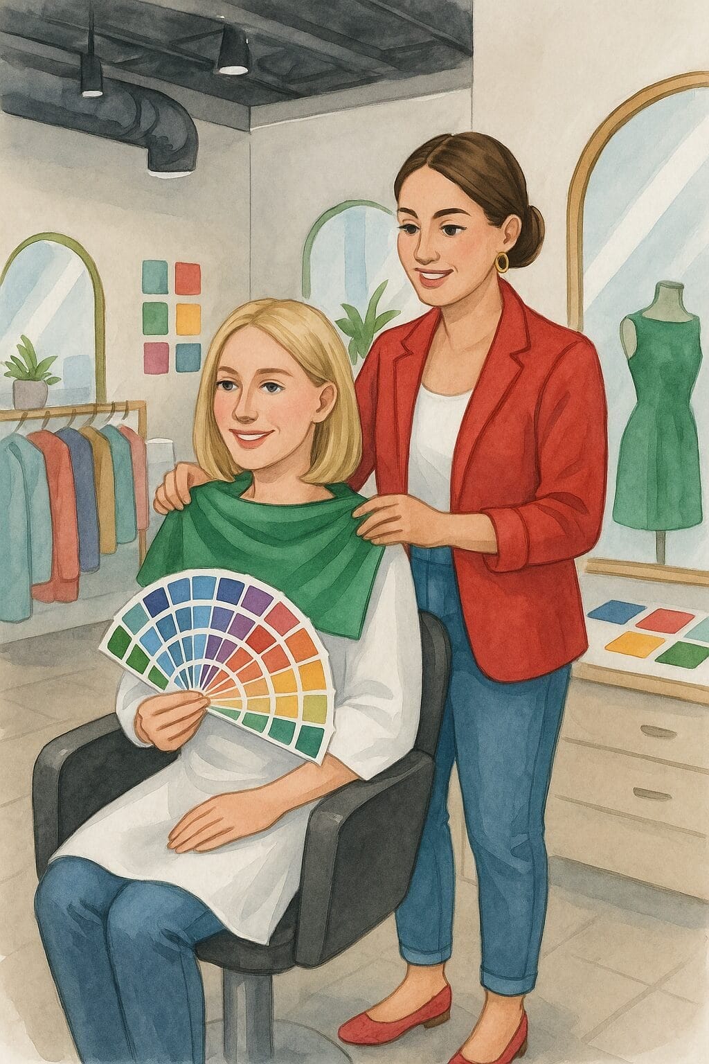 An Image and Wardrobe Stylist Sarasota helps a smiling woman in a salon by draping a green scarf around her shoulders. The woman holds a color palette, highlighting the stylist's expertise in virtual color analysis amid stylish clothes and mirrors.