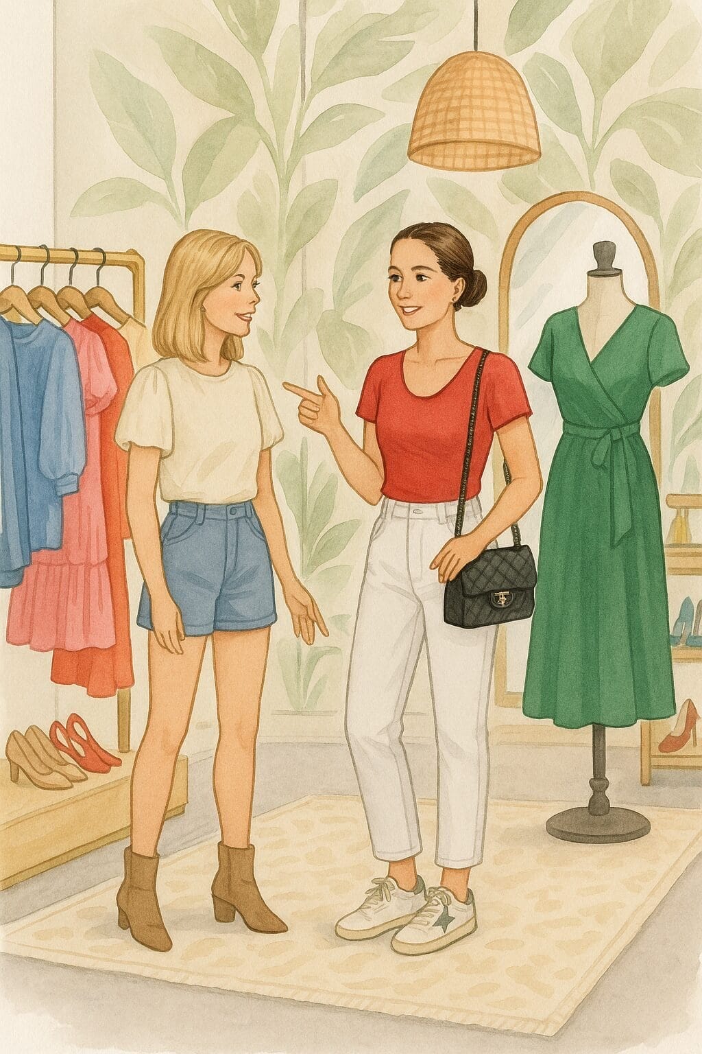 Two women talk and smile in a boutique, exploring Personal Styling Services. One wears a white top, blue shorts, and brown boots; the other sports a red shirt, white pants, sneakers, and a black purse. Dresses and shoes are displayed in the background.