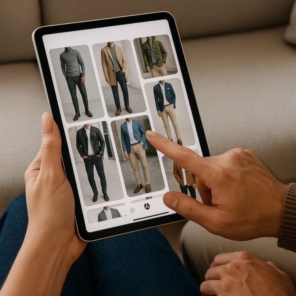 Two people browse men’s outfits on a tablet—a perfect time for The Husband Special Styling and Personal Shopping Package for Men to help upgrade their style choices.