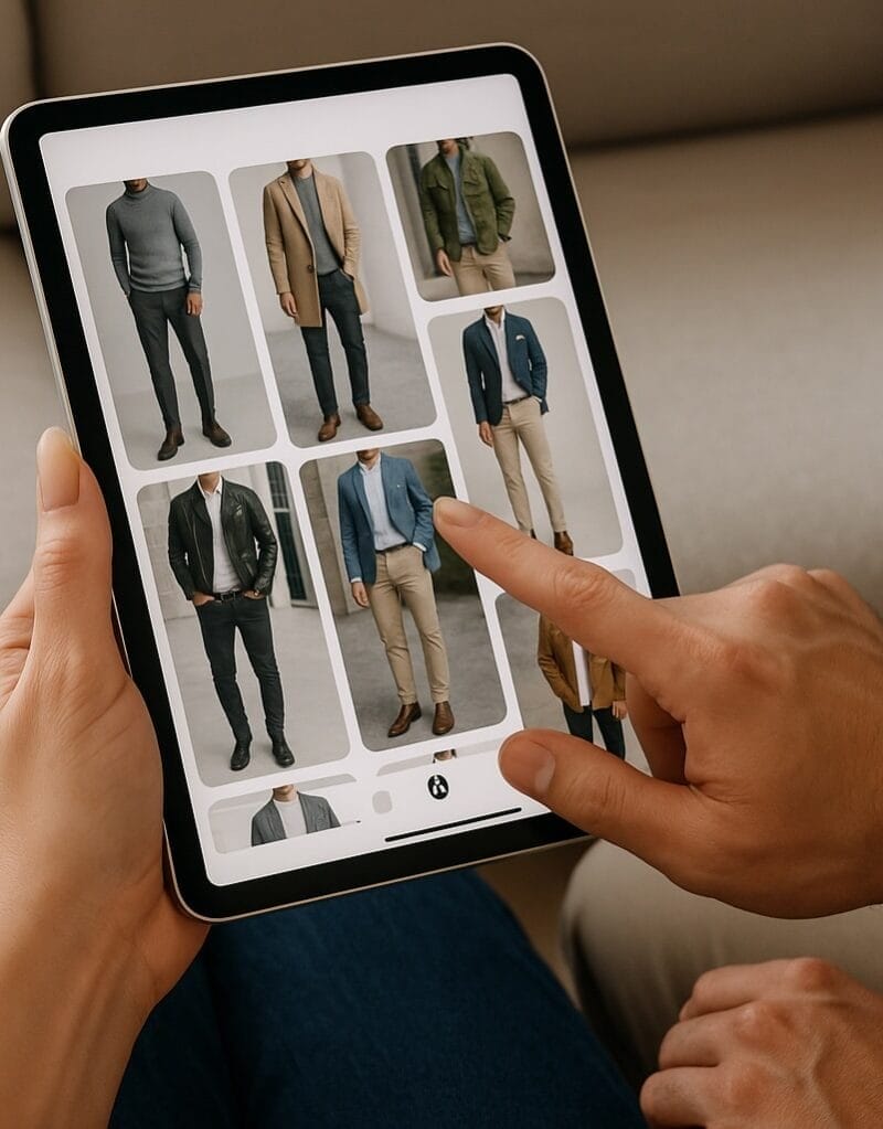 Two people browse men’s outfits on a tablet—a perfect time for The Husband Special Styling and Personal Shopping Package for Men to help upgrade their style choices.